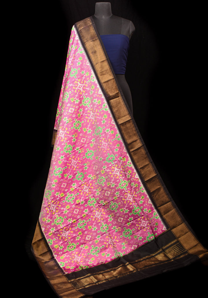 Dupatta : Pink and Black Ikkat Patola Design Pure Silk Dupatta with handmade tassels | SILK MARK CERTIFIED