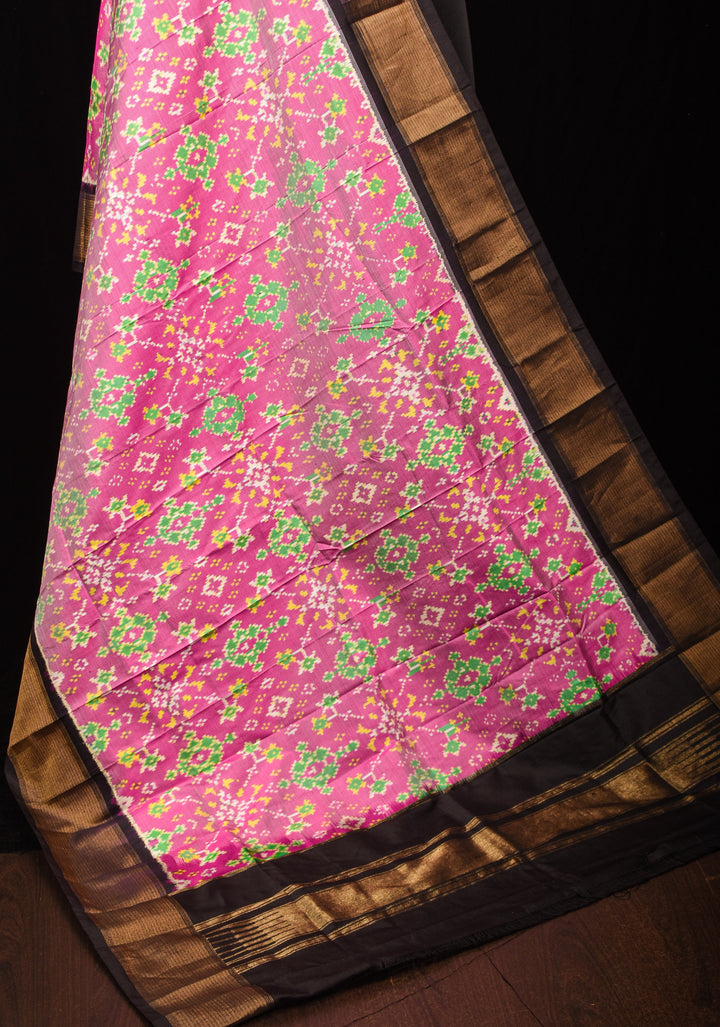 Dupatta : Pink and Black Ikkat Patola Design Pure Silk Dupatta with handmade tassels | SILK MARK CERTIFIED