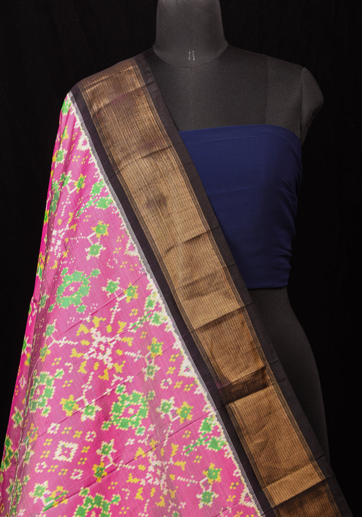 Dupatta : Pink and Black Ikkat Patola Design Pure Silk Dupatta with handmade tassels | SILK MARK CERTIFIED