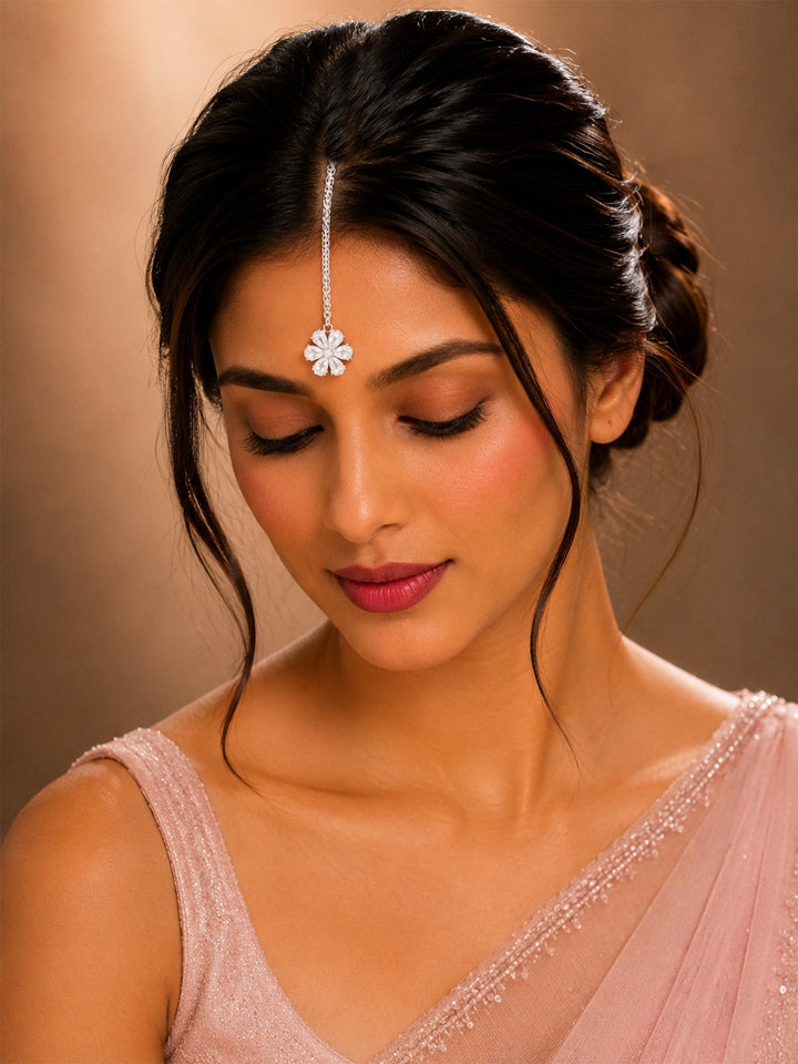 Elegant Silver Cz Flower Maangtikka for Women | SHOBITAM