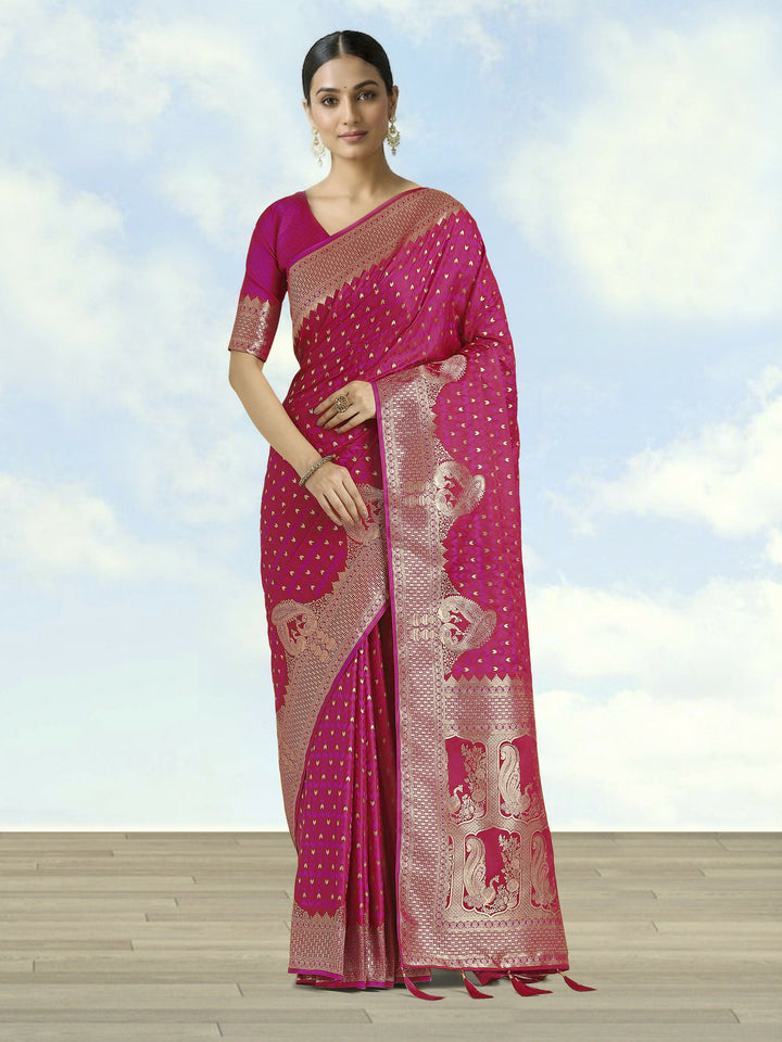 Rani Pink Woven Banarasi Satin Silk Saree | SHOBITAM
