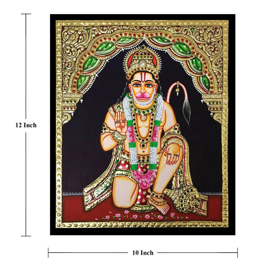 12x10" Tanjore Painting Abhaya Hanuman Authentic With 22 Ct gold Foil and Jaipur Gemstones ,Unframed | SHOBITAM