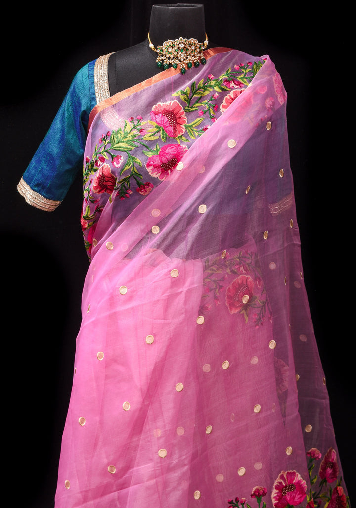 Pink Organza Saree with Polka butta and Floral Embroidery and Copper Zari Minimal Border
