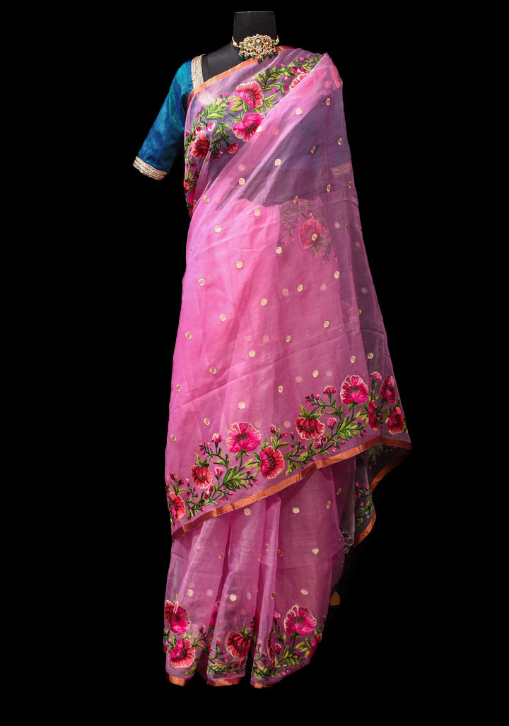 Pink Organza Saree with Polka butta and Floral Embroidery and Copper Zari Minimal Border