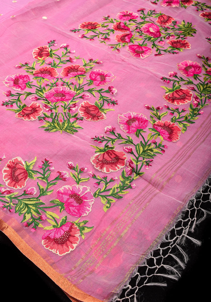 Pink Organza Saree with Polka butta and Floral Embroidery and Copper Zari Minimal Border