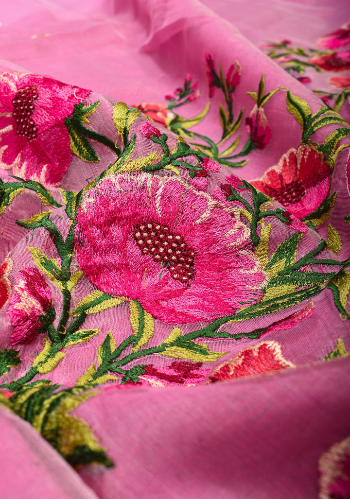 Pink Organza Saree with Polka butta and Floral Embroidery and Copper Zari Minimal Border