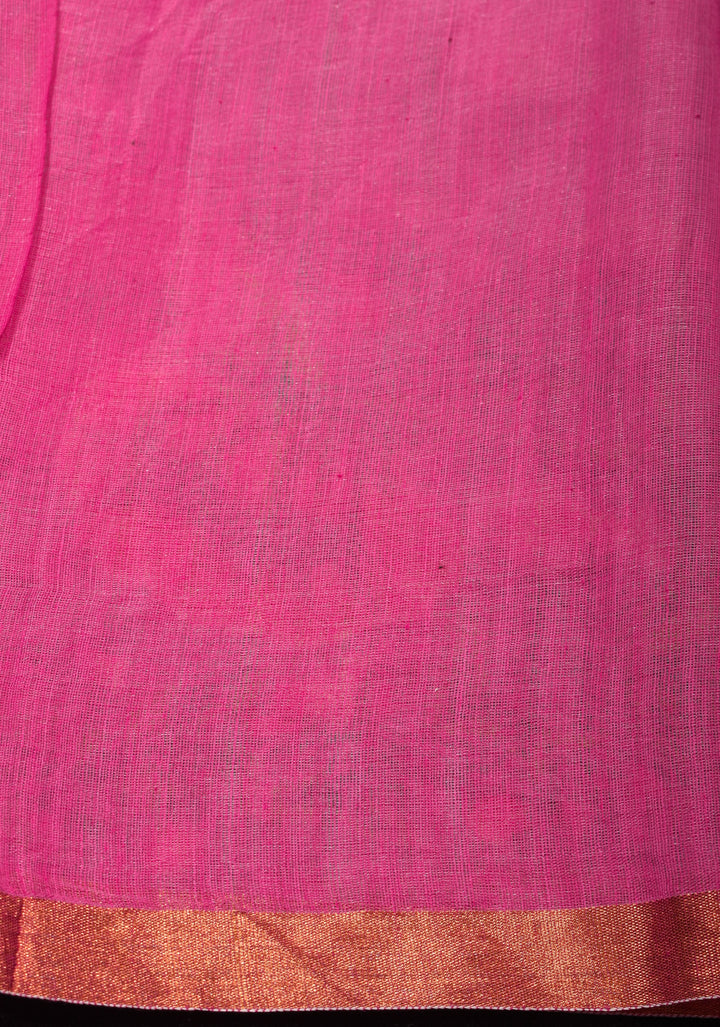Pink Organza Saree with Polka butta and Floral Embroidery and Copper Zari Minimal Border