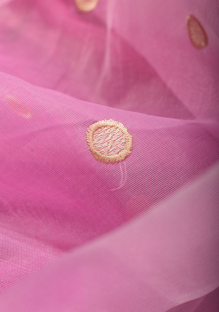 Pink Organza Saree with Polka butta and Floral Embroidery and Copper Zari Minimal Border