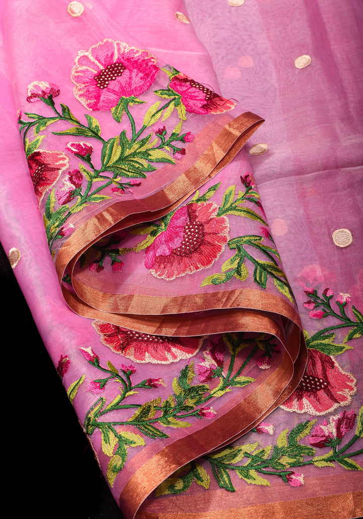 Pink Organza Saree with Polka butta and Floral Embroidery and Copper Zari Minimal Border