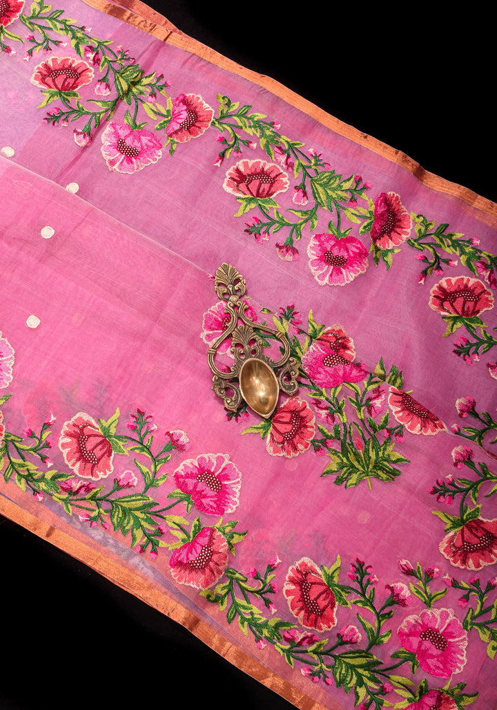 Pink Organza Saree with Polka butta and Floral Embroidery and Copper Zari Minimal Border