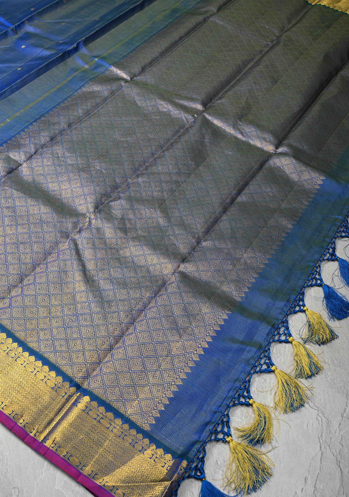 Vairaoosi Blue Dual tone Vairaoosi Zari Stripes on Kanjivaram Pure Silk Saree with dainty buttas and Zari Border | SILK MARK CERTIFIED
