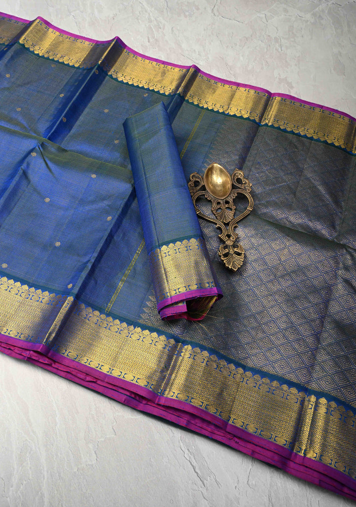 Vairaoosi Blue Dual tone Vairaoosi Zari Stripes on Kanjivaram Pure Silk Saree with dainty buttas and Zari Border | SILK MARK CERTIFIED