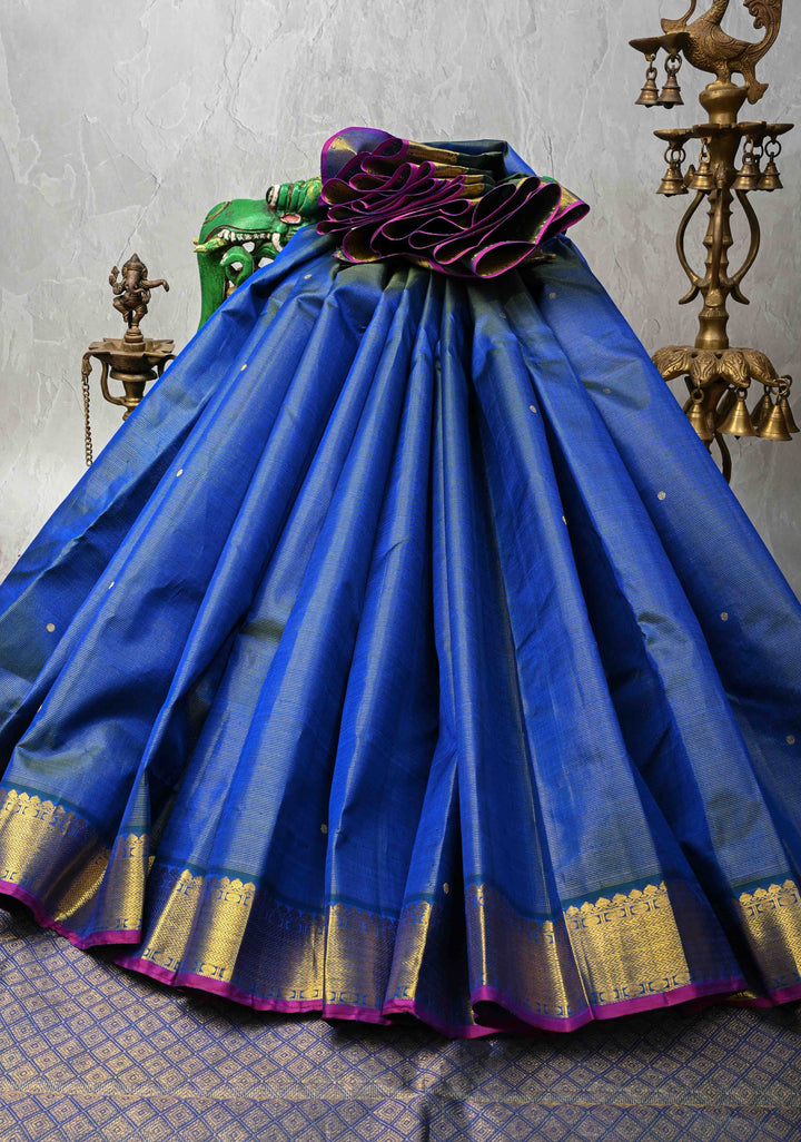 Vairaoosi Blue Dual tone Vairaoosi Zari Stripes on Kanjivaram Pure Silk Saree with dainty buttas and Zari Border | SILK MARK CERTIFIED