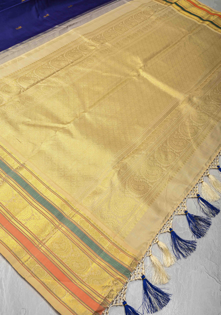 Korvai Weave Navy Blue Kanjivaram Pure Silk Saree with Floral Buttas and Contrast Zari Border | SILK MARK CERTIFIED