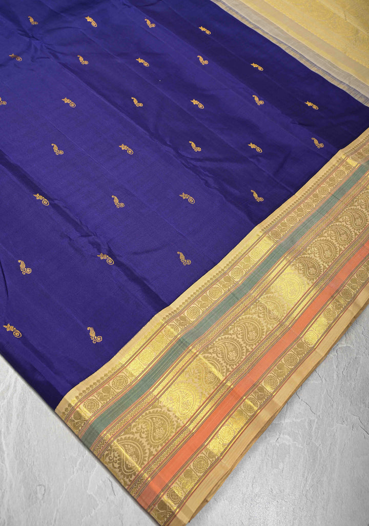 Korvai Weave Navy Blue Kanjivaram Pure Silk Saree with Floral Buttas and Contrast Zari Border | SILK MARK CERTIFIED