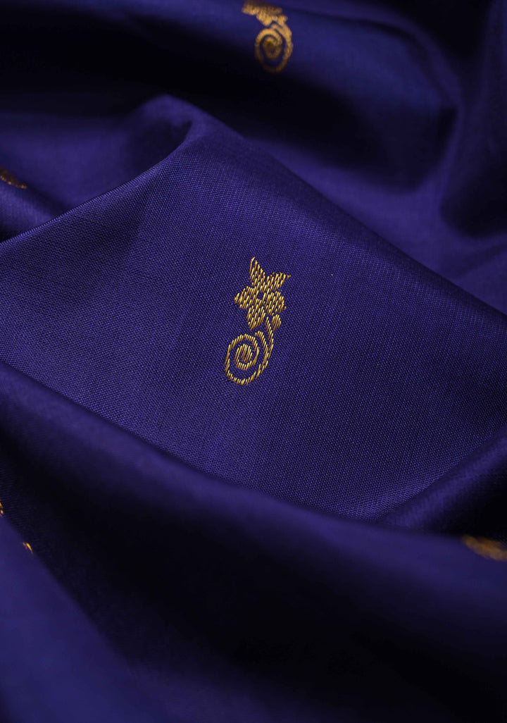 Korvai Weave Navy Blue Kanjivaram Pure Silk Saree with Floral Buttas and Contrast Zari Border | SILK MARK CERTIFIED