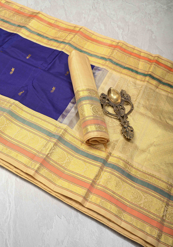 Korvai Weave Navy Blue Kanjivaram Pure Silk Saree with Floral Buttas and Contrast Zari Border | SILK MARK CERTIFIED
