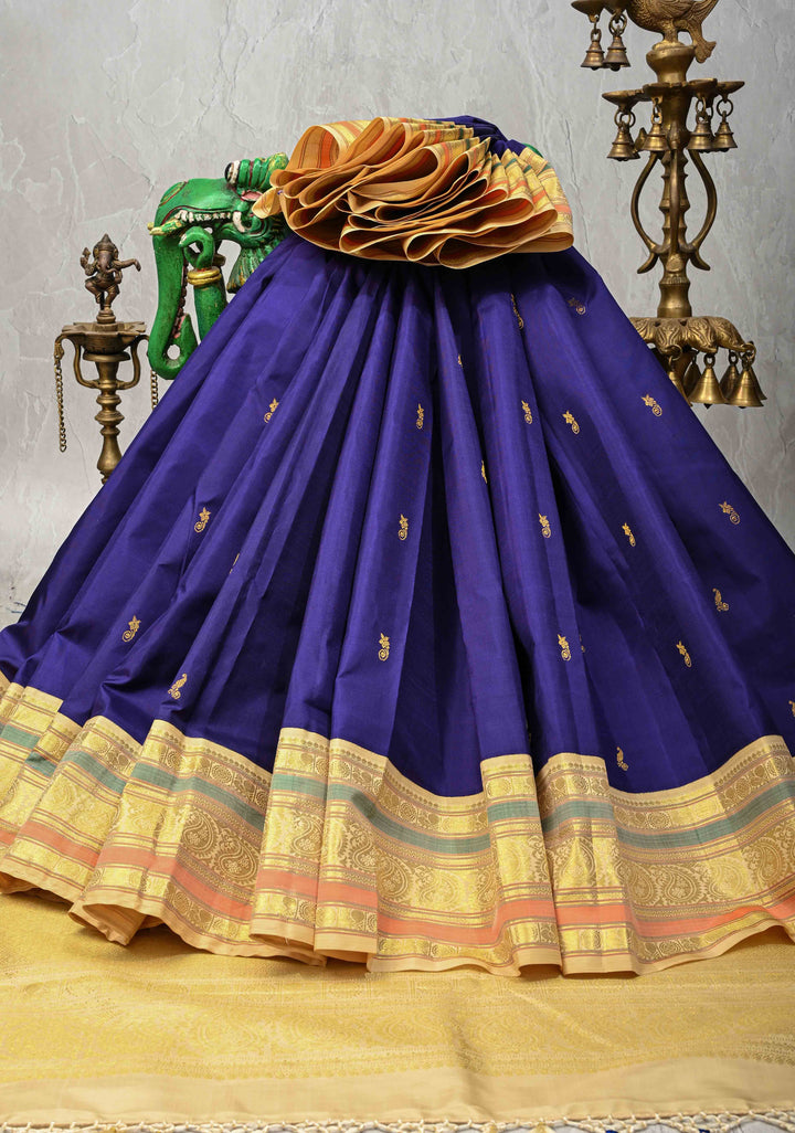 Korvai Weave Navy Blue Kanjivaram Pure Silk Saree with Floral Buttas and Contrast Zari Border | SILK MARK CERTIFIED