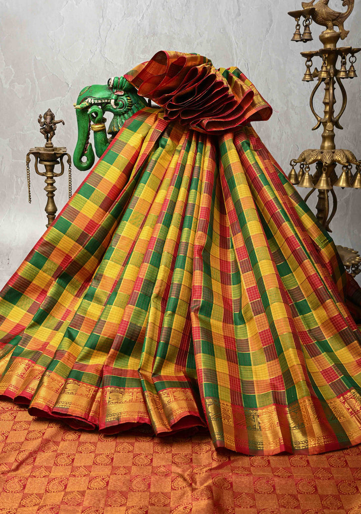 Pallum Pazham Multicolor Zari Checks Kanjivaram Pure Silk Saree with Zari Border | SILK MARK CERTIFIED