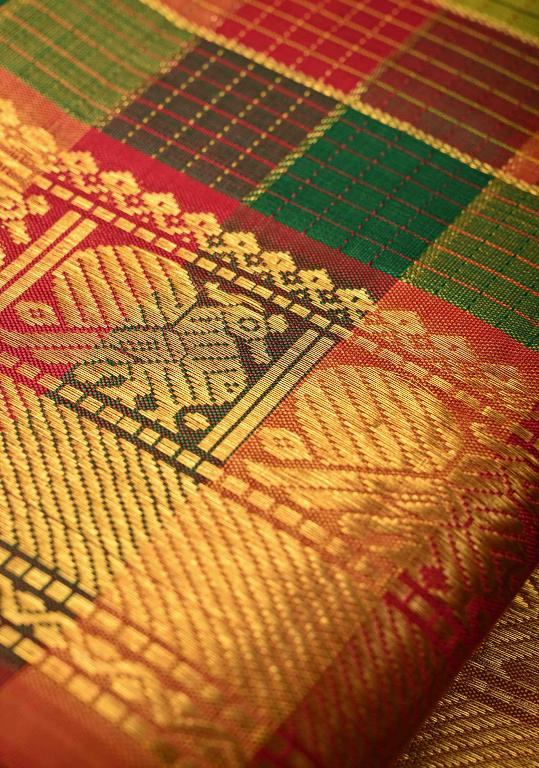 Pallum Pazham Multicolor Zari Checks Kanjivaram Pure Silk Saree with Zari Border | SILK MARK CERTIFIED