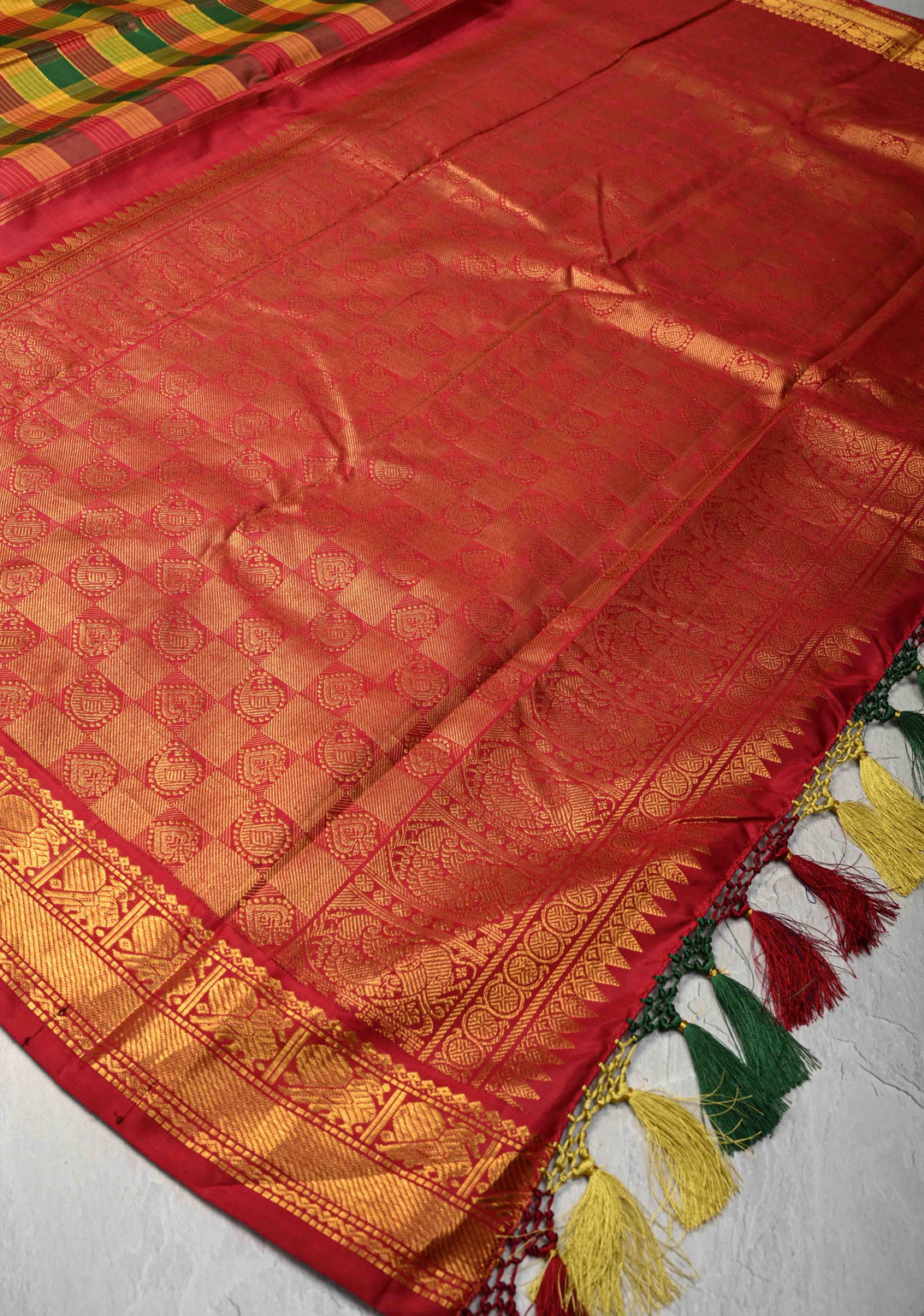 Pallum Pazham Multicolor Zari Checks Kanjivaram Pure Silk Saree with Zari Border | SILK MARK CERTIFIED