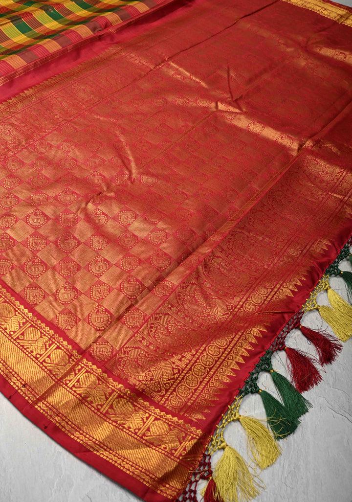 Pallum Pazham Multicolor Zari Checks Kanjivaram Pure Silk Saree with Zari Border | SILK MARK CERTIFIED