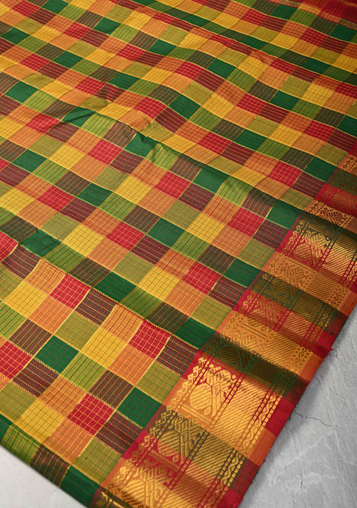 Pallum Pazham Multicolor Zari Checks Kanjivaram Pure Silk Saree with Zari Border | SILK MARK CERTIFIED