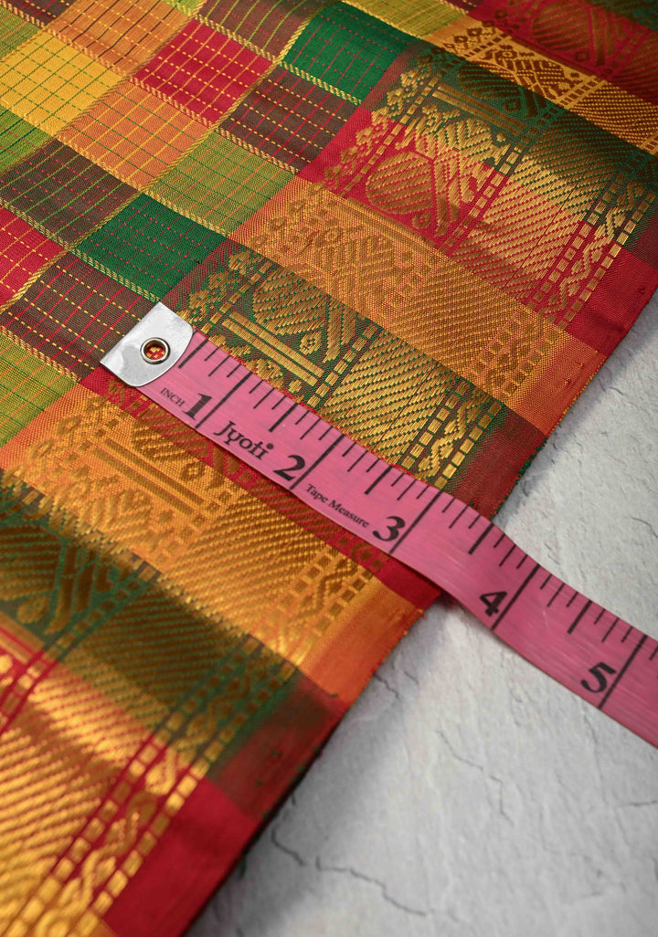 Pallum Pazham Multicolor Zari Checks Kanjivaram Pure Silk Saree with Zari Border | SILK MARK CERTIFIED