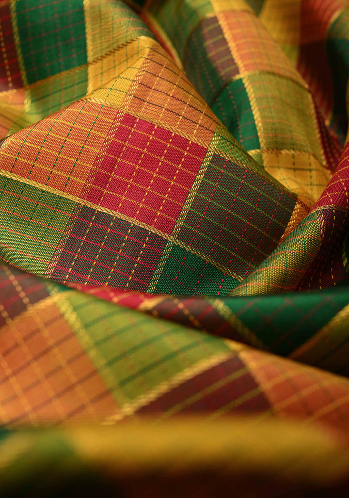 Pallum Pazham Multicolor Zari Checks Kanjivaram Pure Silk Saree with Zari Border | SILK MARK CERTIFIED