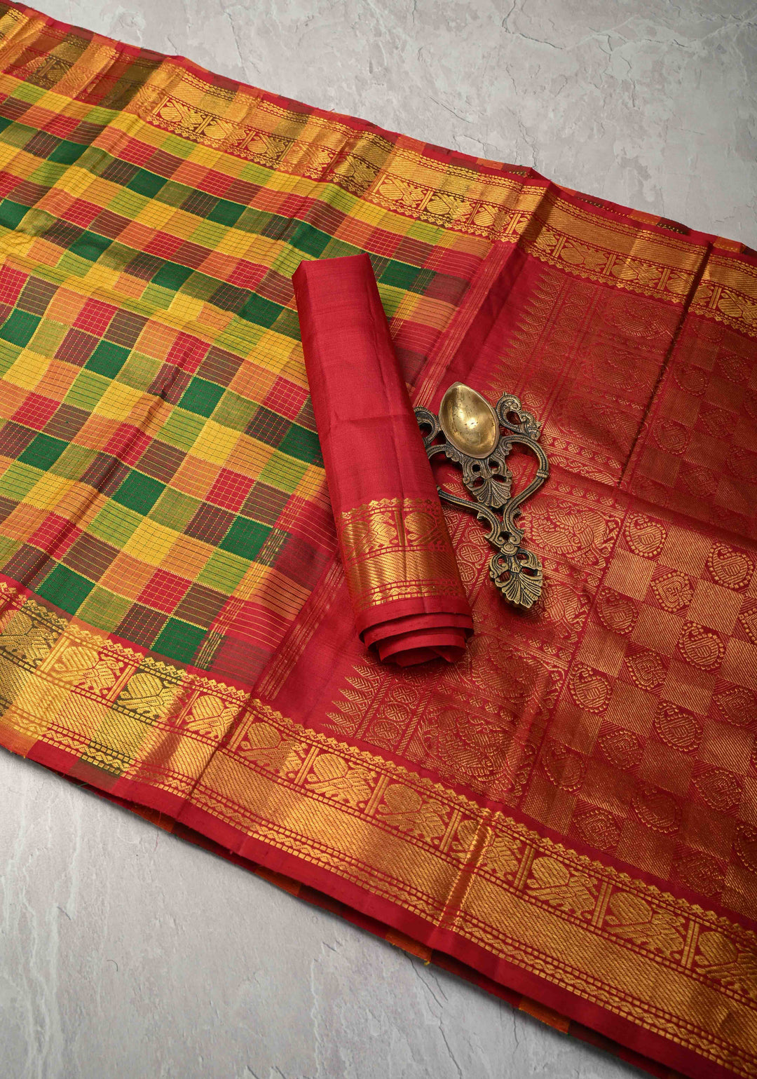 Pallum Pazham Multicolor Zari Checks Kanjivaram Pure Silk Saree with Zari Border | SILK MARK CERTIFIED