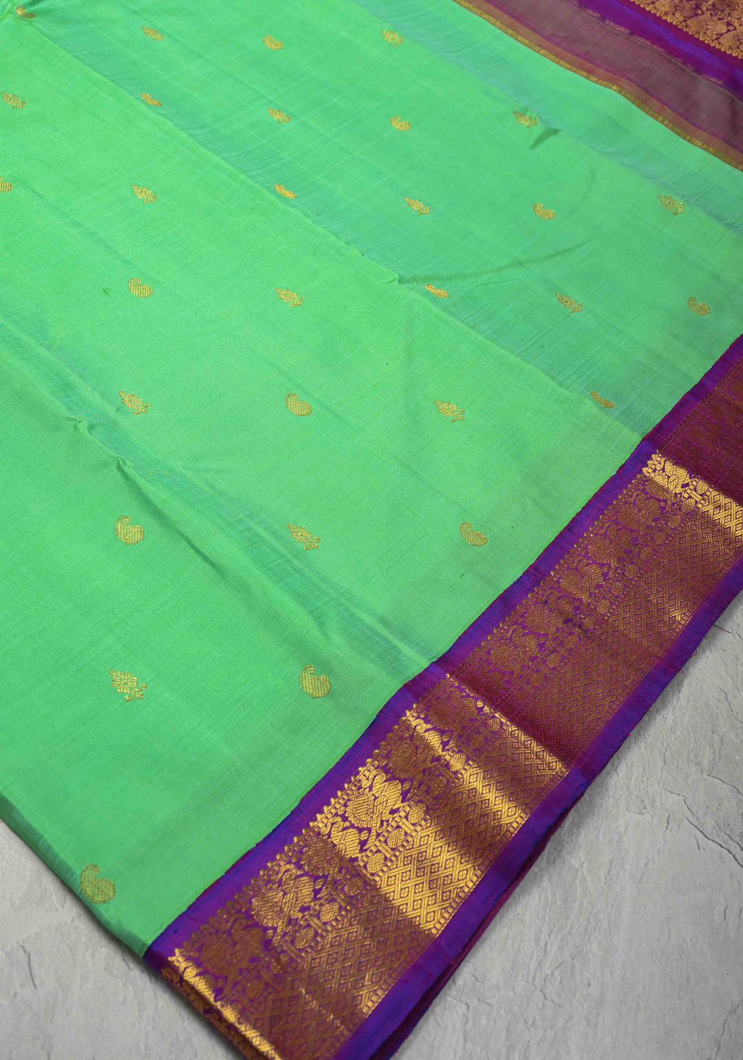 Korvai Sea Green Kanjivaram Pure Silk Saree with Zari Buttis and Contrast Zari Border | SILK MARK CERTIFIED