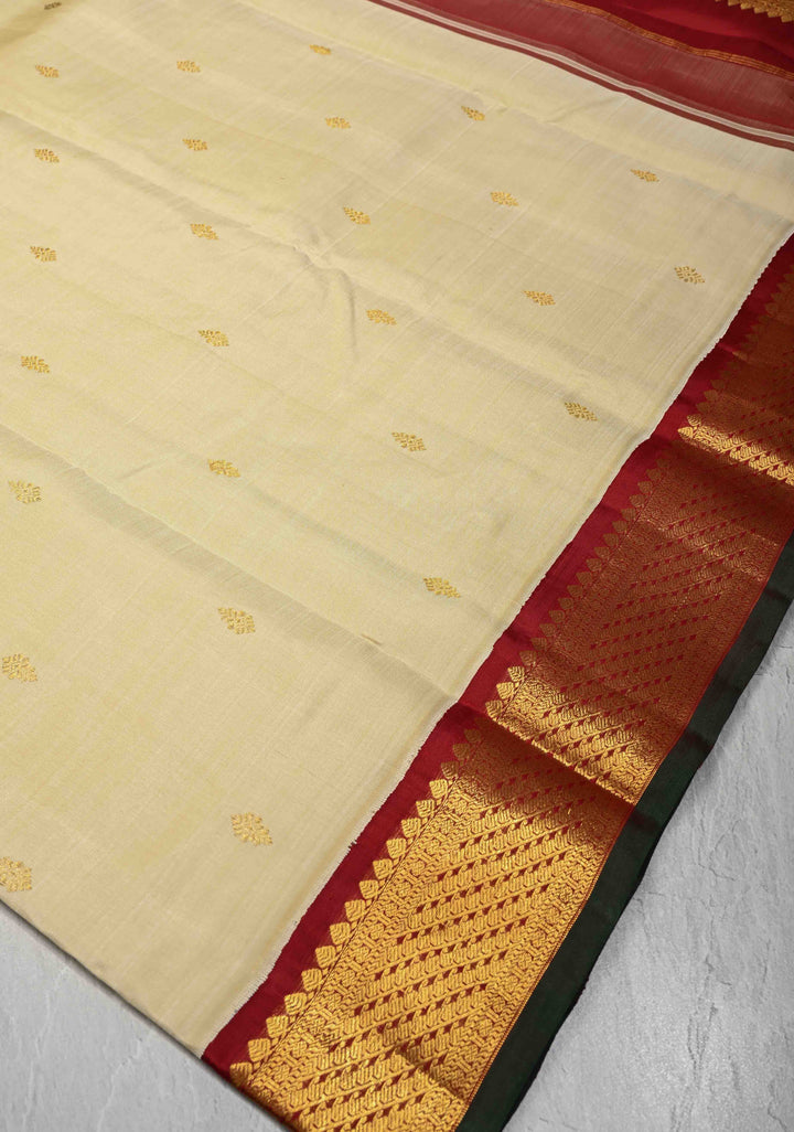 Korvai Short Width Border Ivory Kanjivaram Pure Silk Saree with Zari Buttas and Contrast Zari Border | SILK MARK CERTIFIED