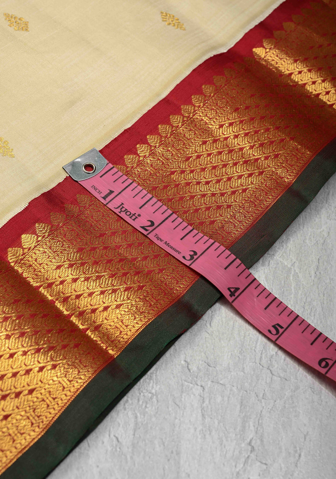 Korvai Short Width Border Ivory Kanjivaram Pure Silk Saree with Zari Buttas and Contrast Zari Border | SILK MARK CERTIFIED