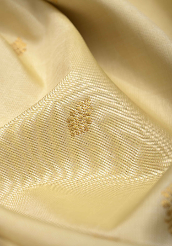 Korvai Short Width Border Ivory Kanjivaram Pure Silk Saree with Zari Buttas and Contrast Zari Border | SILK MARK CERTIFIED