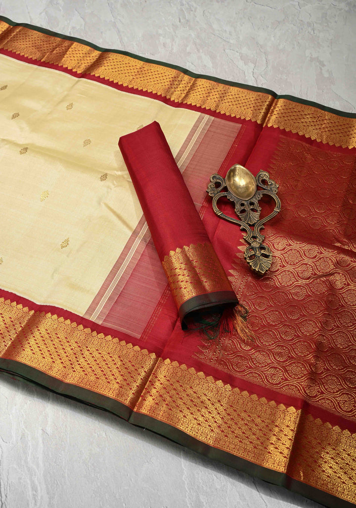 Korvai Short Width Border Ivory Kanjivaram Pure Silk Saree with Zari Buttas and Contrast Zari Border | SILK MARK CERTIFIED