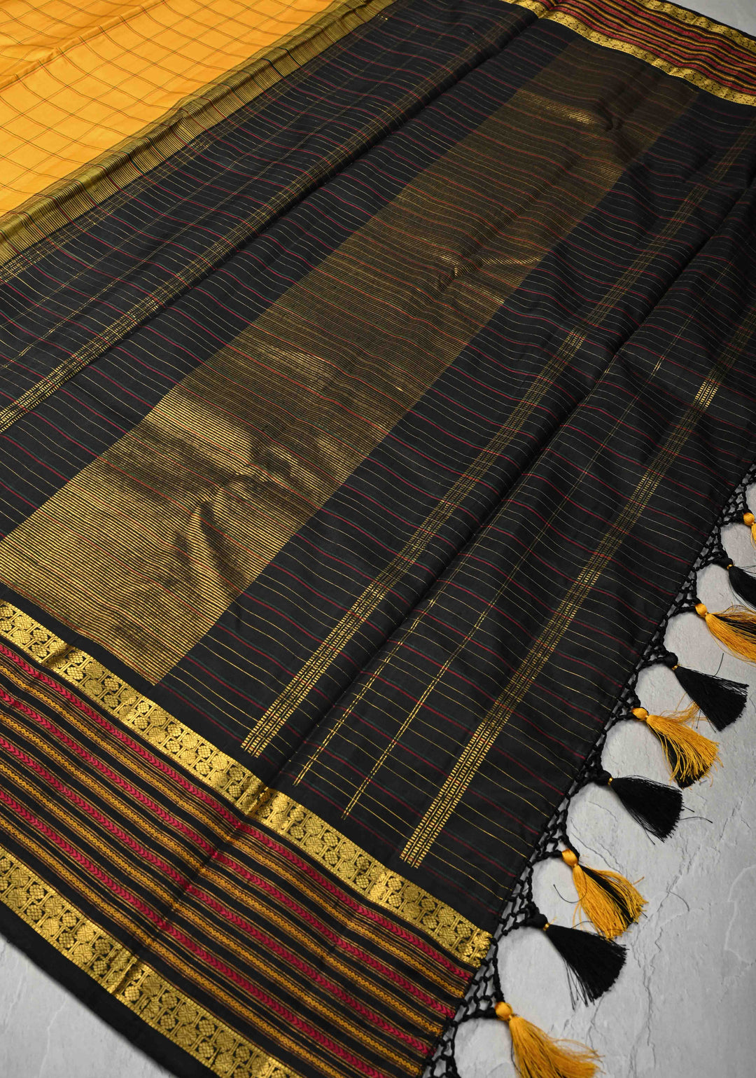 Yellow Kanjivaram Pure Silk Saree with Checks and Veldhari Stripes on Contrast Border | SILK MARK CERTIFIED
