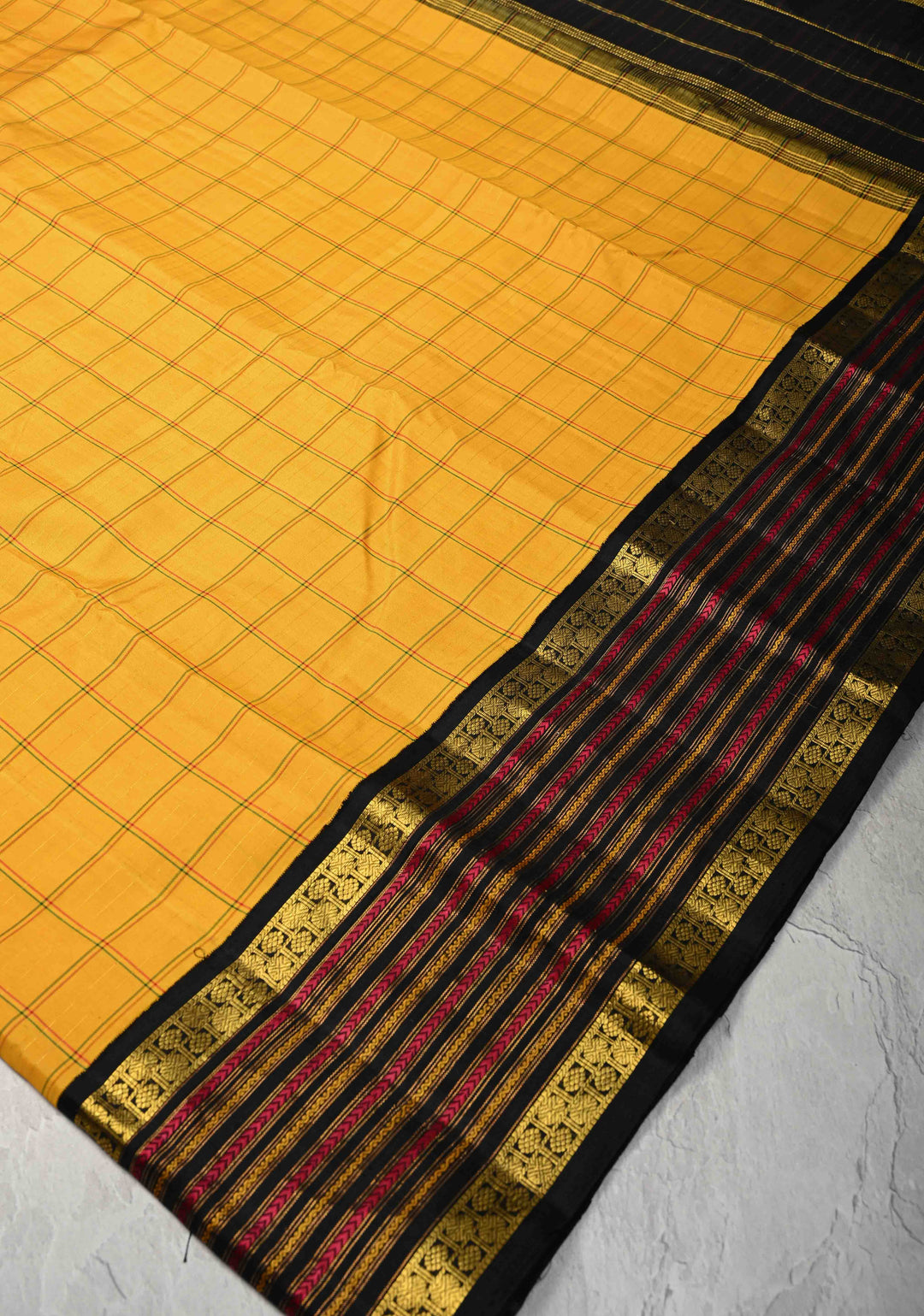 Yellow Kanjivaram Pure Silk Saree with Checks and Veldhari Stripes on Contrast Border | SILK MARK CERTIFIED