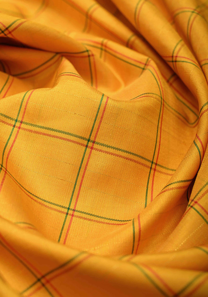 Yellow Kanjivaram Pure Silk Saree with Checks and Veldhari Stripes on Contrast Border | SILK MARK CERTIFIED