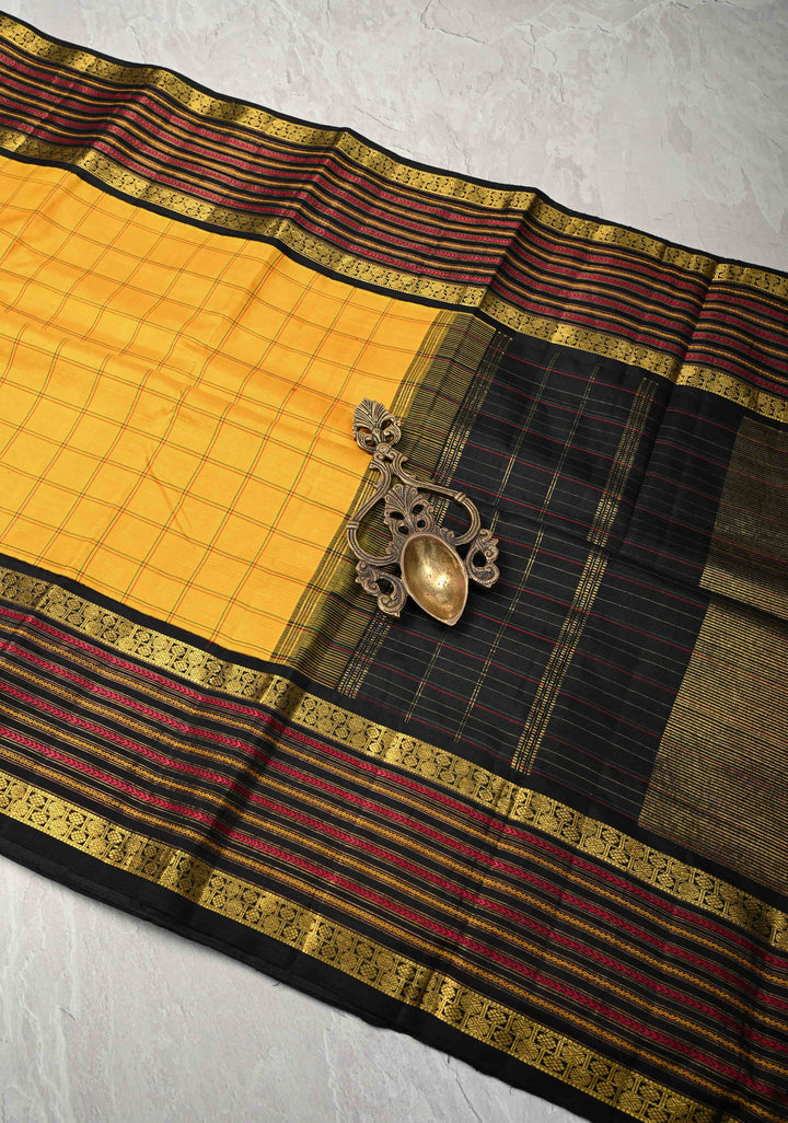 Yellow Kanjivaram Pure Silk Saree with Checks and Veldhari Stripes on Contrast Border | SILK MARK CERTIFIED