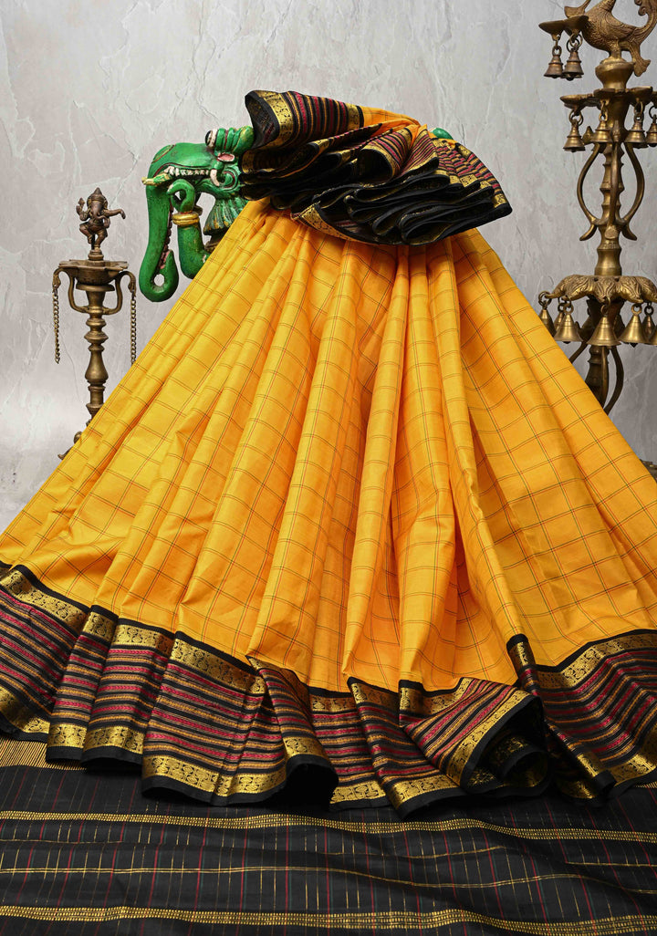 Yellow Kanjivaram Pure Silk Saree with Checks and Veldhari Stripes on Contrast Border | SILK MARK CERTIFIED