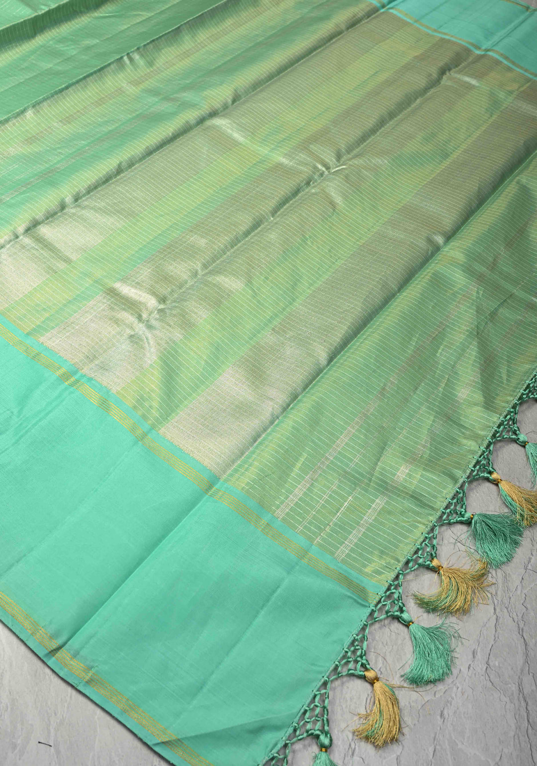Sea Green Kanjivaram Pure Tissue Silk Saree with Zari Checks and Rettaipet Border | SILK MARK CERTIFIED