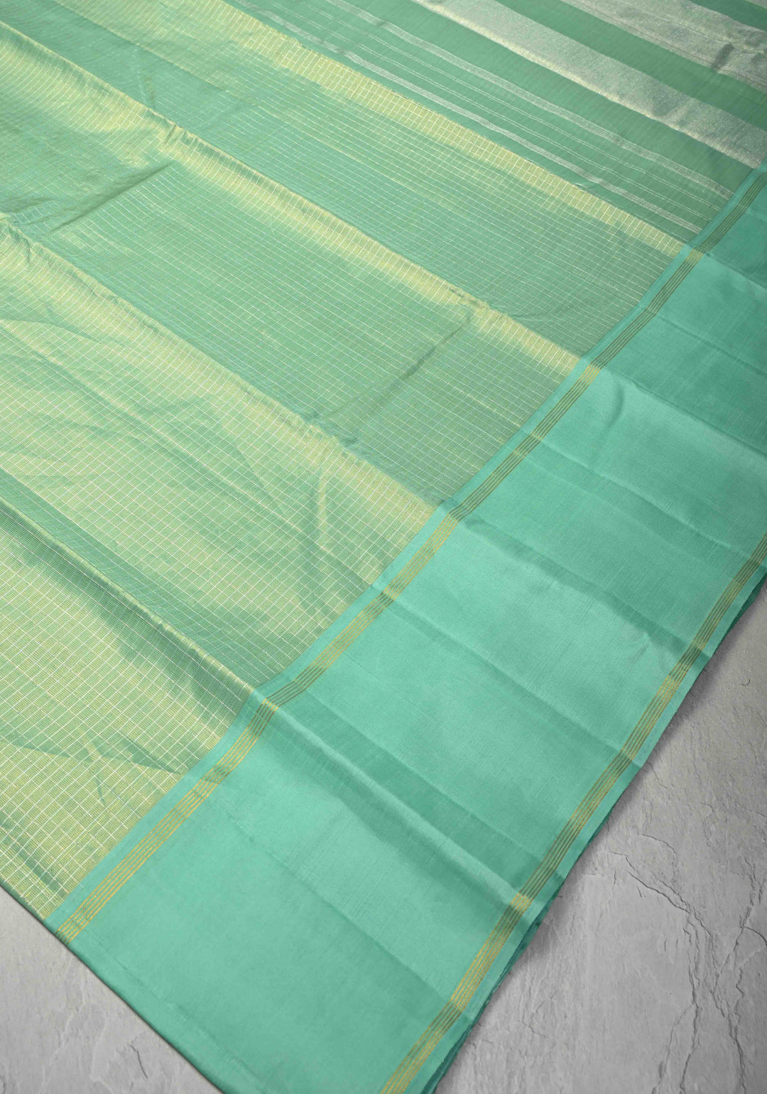 Sea Green Kanjivaram Pure Tissue Silk Saree with Zari Checks and Rettaipet Border | SILK MARK CERTIFIED