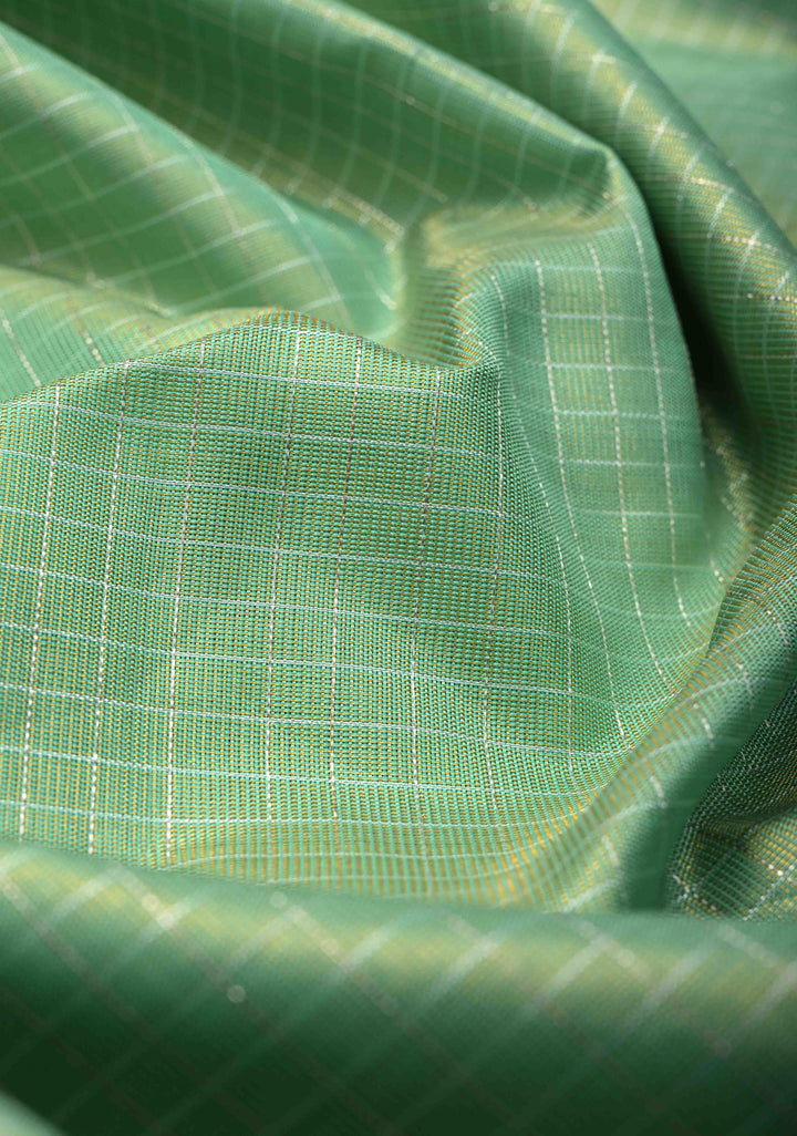 Sea Green Kanjivaram Pure Tissue Silk Saree with Zari Checks and Rettaipet Border | SILK MARK CERTIFIED
