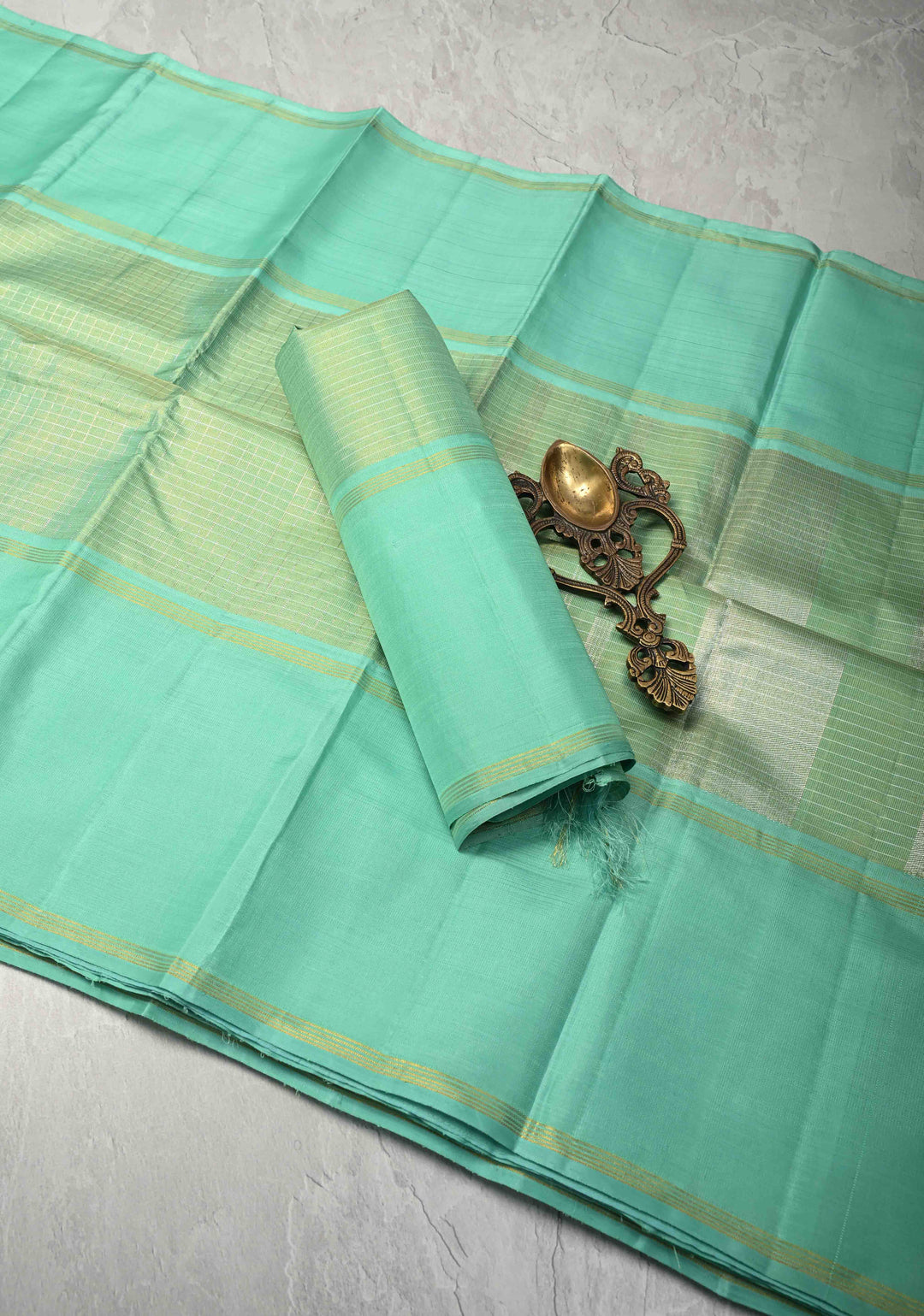 Sea Green Kanjivaram Pure Tissue Silk Saree with Zari Checks and Rettaipet Border | SILK MARK CERTIFIED