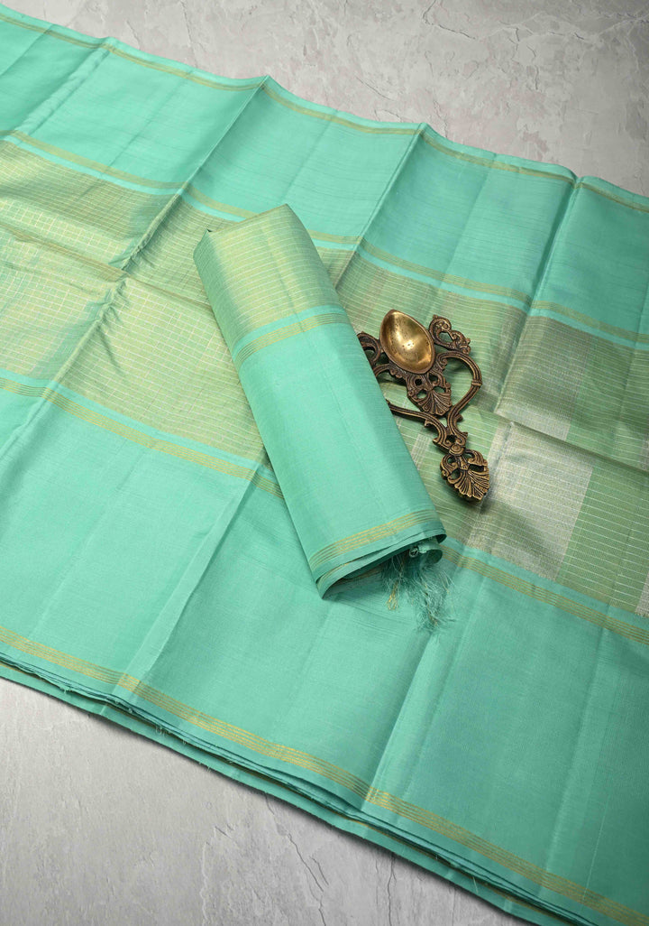 Sea Green Kanjivaram Pure Tissue Silk Saree with Zari Checks and Rettaipet Border | SILK MARK CERTIFIED
