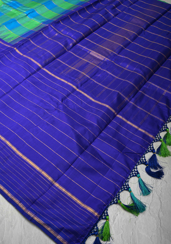 Green-Blue Checks Kanjivaram Silk Saree with Zari Stripes and Buttas on Wide Contrast Border | SILK MARK CERTIFIED