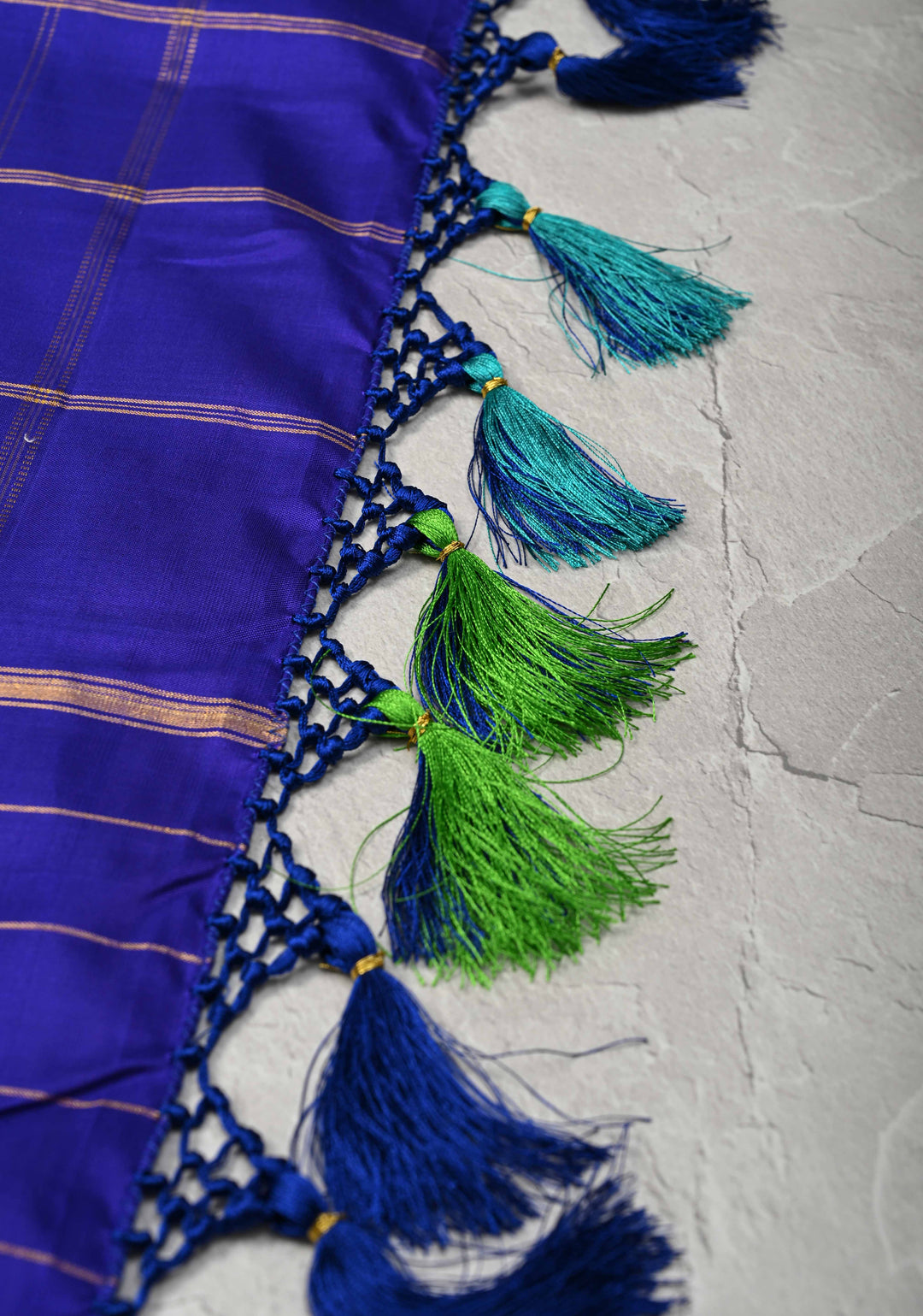 Green-Blue Checks Kanjivaram Silk Saree with Zari Stripes and Buttas on Wide Contrast Border | SILK MARK CERTIFIED