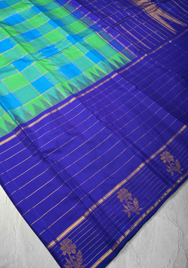 Green-Blue Checks Kanjivaram Silk Saree with Zari Stripes and Buttas on Wide Contrast Border | SILK MARK CERTIFIED