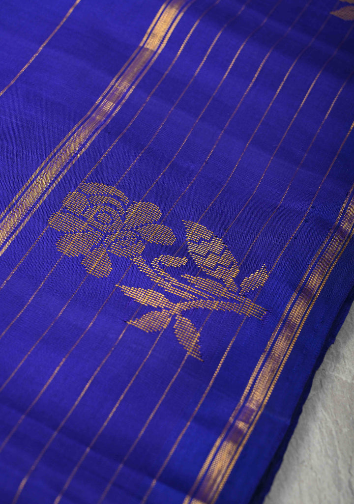 Green-Blue Checks Kanjivaram Silk Saree with Zari Stripes and Buttas on Wide Contrast Border | SILK MARK CERTIFIED