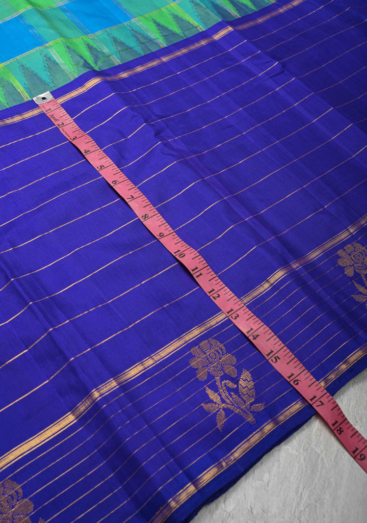 Green-Blue Checks Kanjivaram Silk Saree with Zari Stripes and Buttas on Wide Contrast Border | SILK MARK CERTIFIED